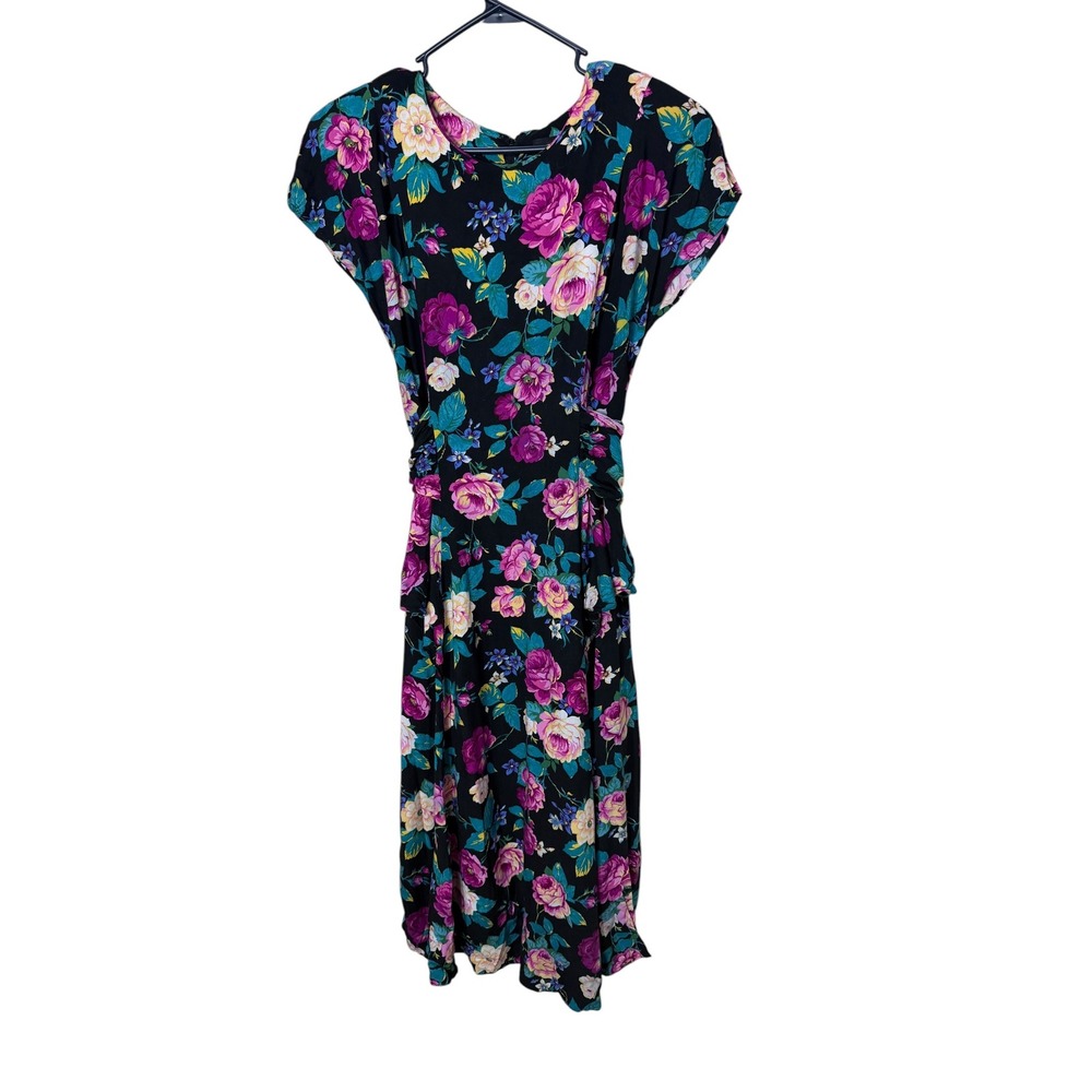 Vintage Dawn Joy Fashions 90s Floral Peplum Midi Dress Black Pink Rayon Size 13